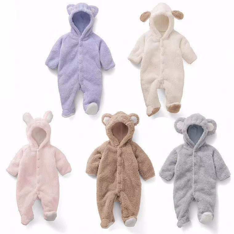 Autumn And Winter Coral Fleece Hood Long-sleeved Romper Toddler Cute Warm Jumpsuit