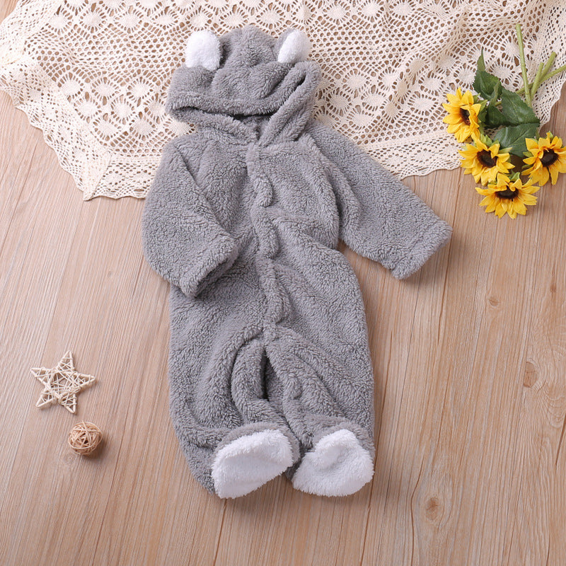 Autumn And Winter Coral Fleece Hood Long-sleeved Romper Toddler Cute Warm Jumpsuit